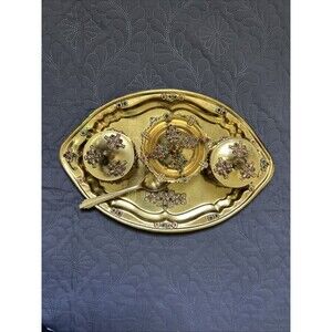 Vintage Indian Traditional Brass Beaded Pooja Thali 5Pcs Set Home Decor Accent
